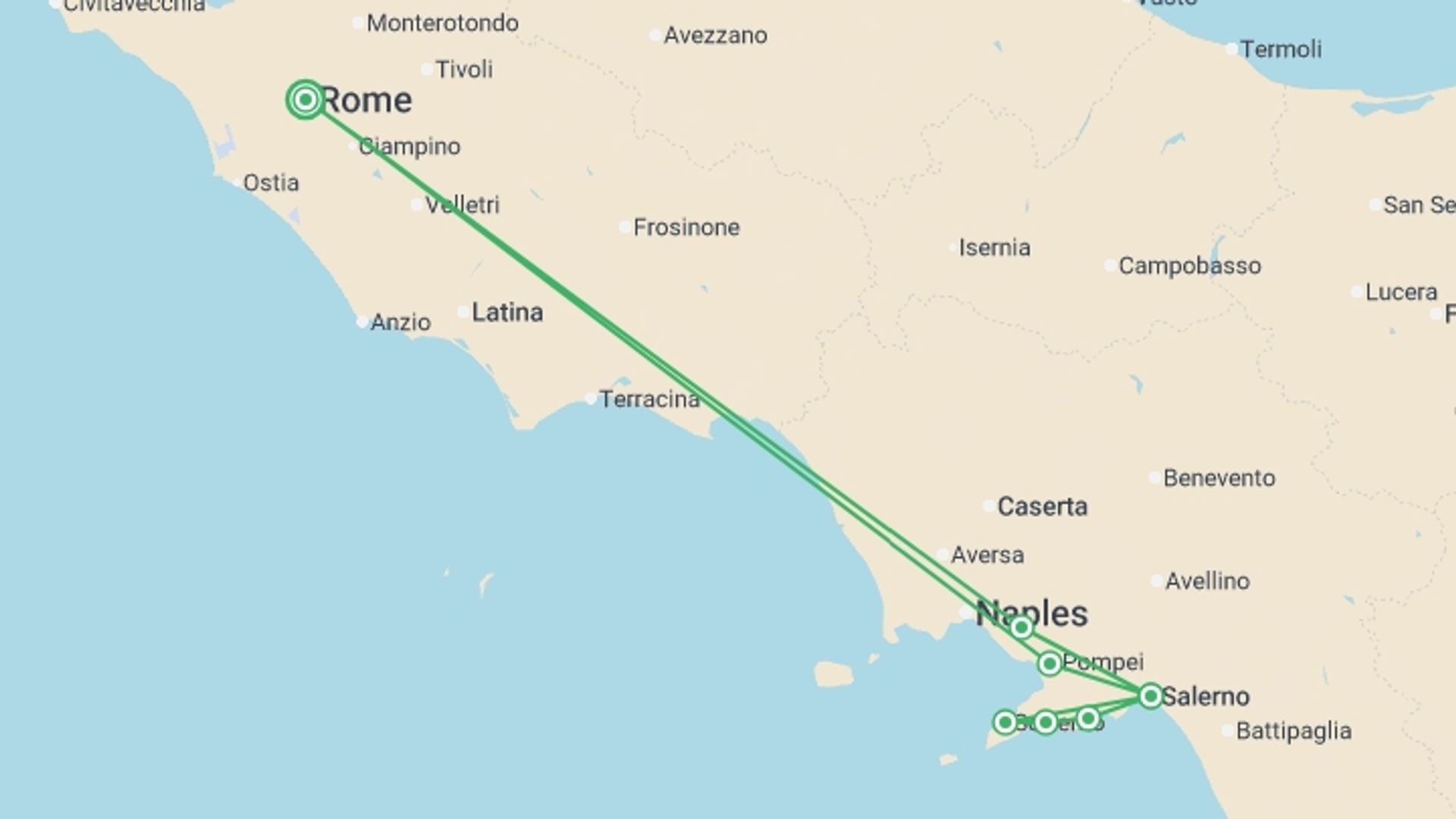 A map showing the tour itinerary for the trip: Amalfi, Pompeii & Vesuvius - 3 days, starting in Rome, Italy and ending in Rome, Italy going through 1 other destinations.