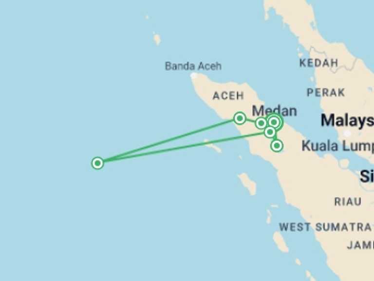 Map itinerary of South East Asia Tour in November 2025 with 8 destination visits for the trip: North Sumatra : Orangutans & Local Culture
