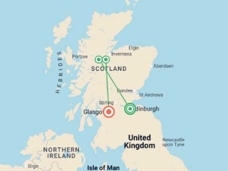 Map of Europe Tour with 3 destination visits for the trip: Scotland in a Week Reunion 35 to 45