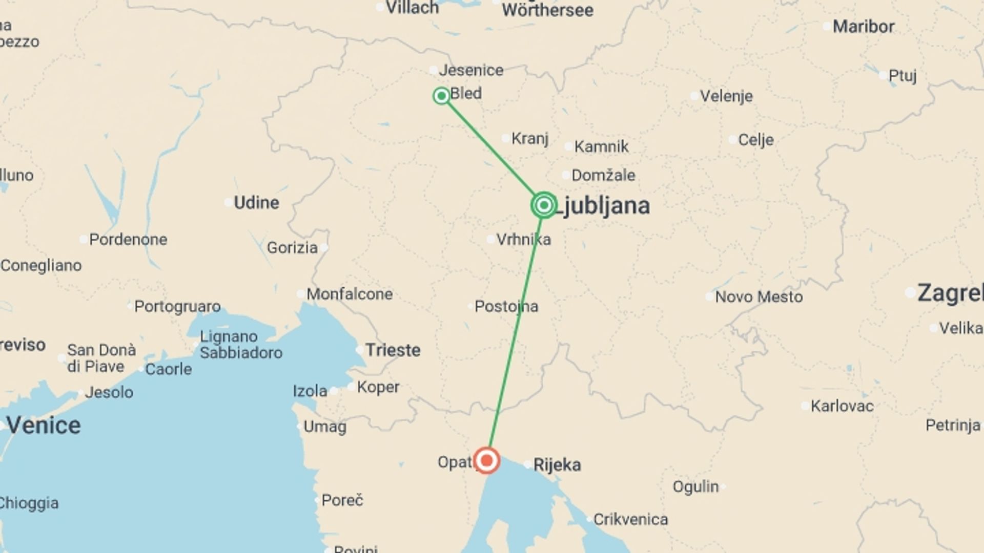 A map showing the tour itinerary for the trip: Ljubljana to Opatija - 4 days, starting in Ljubljana, Slovenia and ending in Opatija, Croatia going through 1 other destinations.