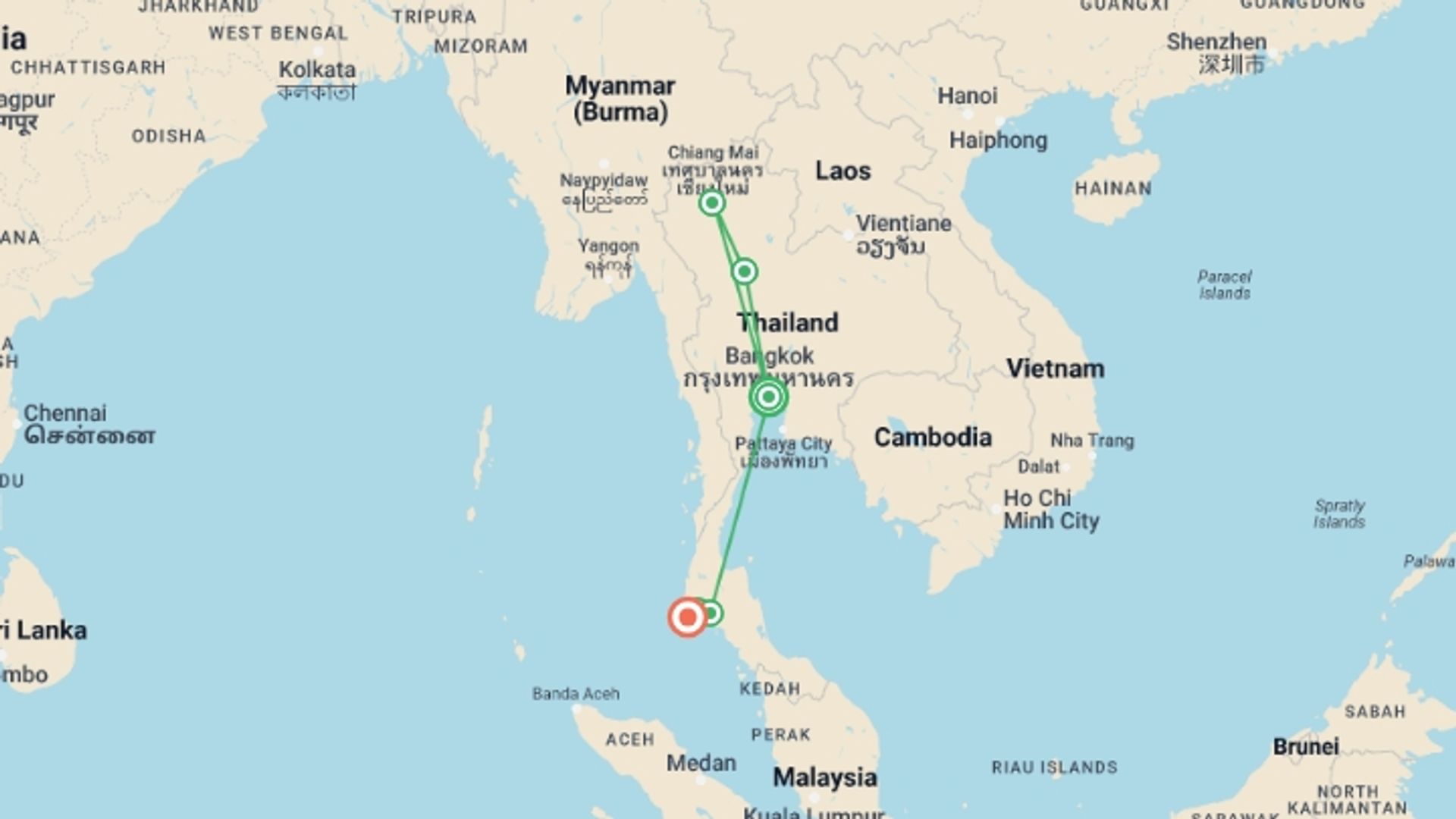 A map showing the tour itinerary for the trip: Classic Thailand West Coast (Oct - Apr), starting in Bangkok, Thailand and ending in Phuket, Thailand going through 4 other destinations.