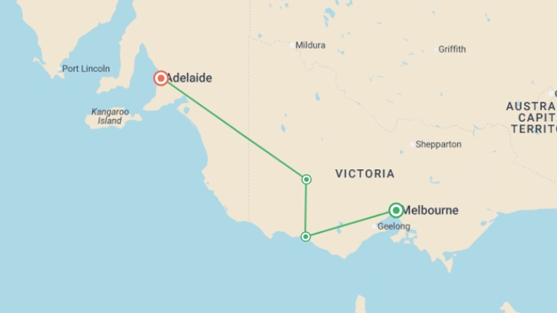 A map showing the tour itinerary for the trip: Highlights of Melbourne & Adelaide - 3 days, starting in Melbourne, Australia and ending in Adelaide, Australia going through 2 other destinations.