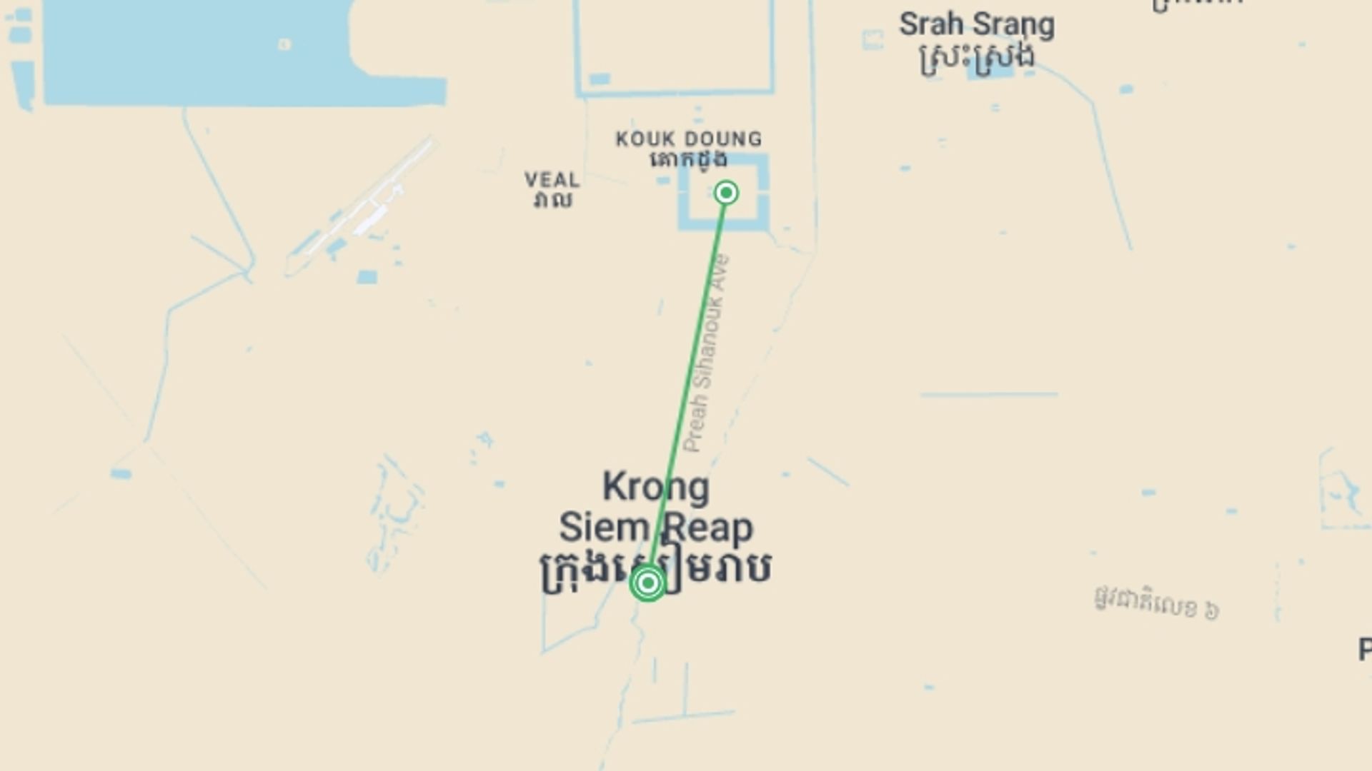 A map showing the tour itinerary for the trip: Siem Reap & Angkor Wat Group Tour Packages, starting in Siem Reap, Cambodia and ending in Siem Reap, Cambodia going through 1 other destinations.