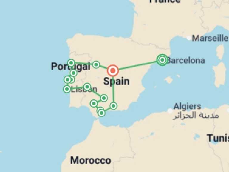 Map itinerary of Spain Tour in November 2026 with 9 destination visits for the trip: Spain & Portugal Grand Tour - 15 days 
