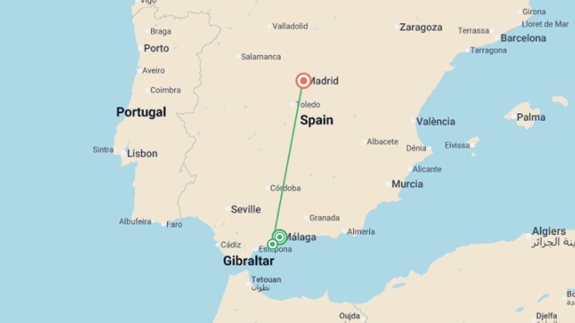 A map showing the tour itinerary for the trip: Spain's Costa del Sol & Madrid, starting in Malaga, Spain and ending in Madrid, Spain going through 1 other destinations.