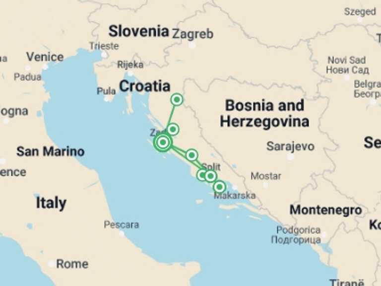 Map of 8-Day Split Tour with 3 destination visits for the trip: Exclusive Group (min 10 Pax): Adventure In Croatia: Hike, Eat & Enjoy