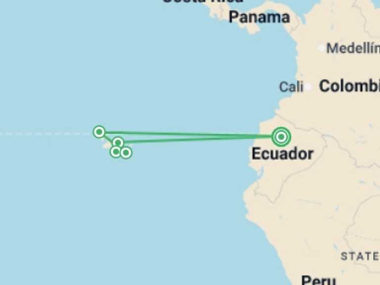 Map itinerary of South America Tour in February 2026 with 5 destination visits for the trip: Galapagos Discovered - 6 days