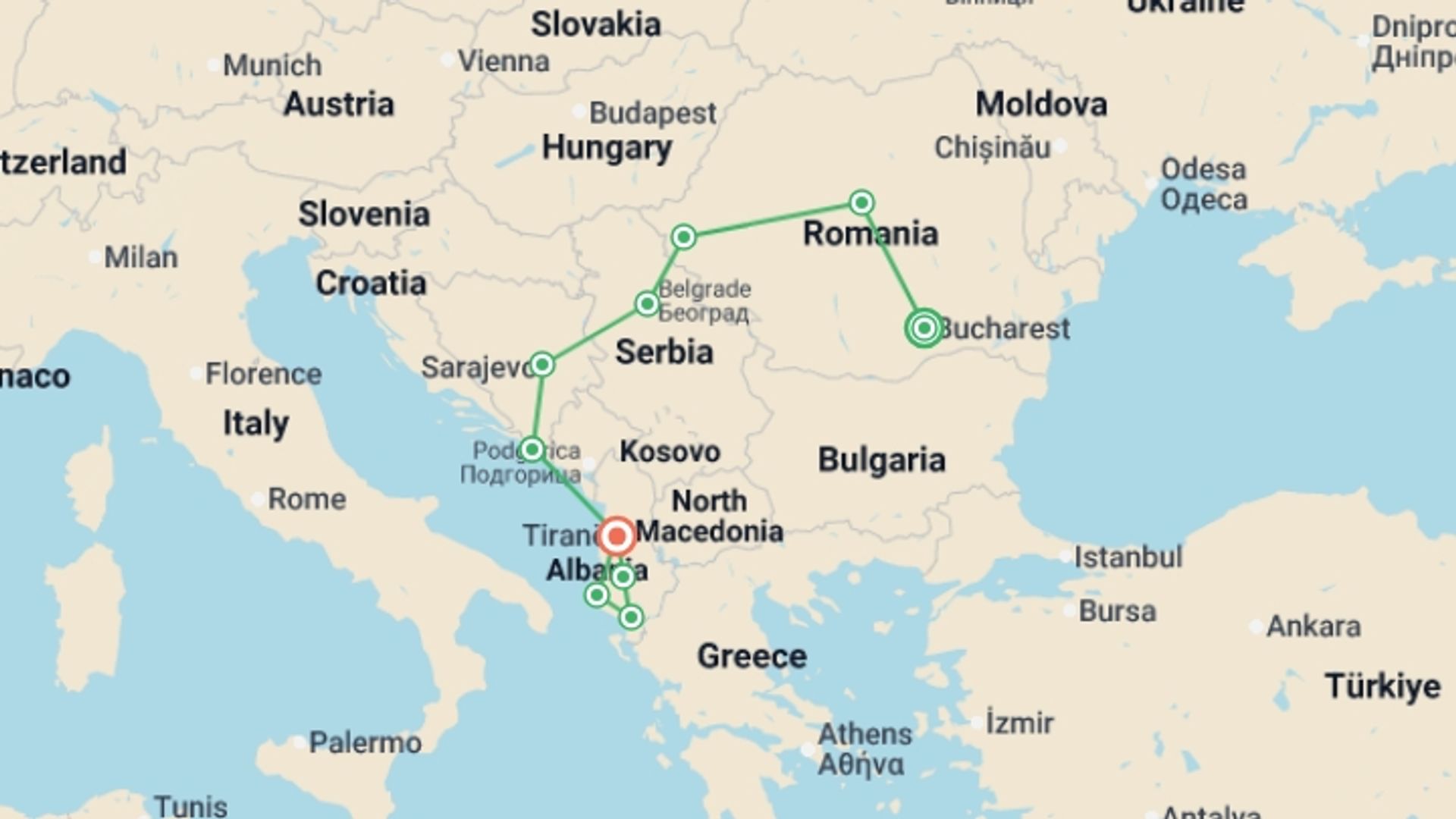 A map showing the tour itinerary for the trip: Romania and the Balkans with Albania, starting in Bucharest, Romania and ending in Tirana, Albania going through 8 other destinations.