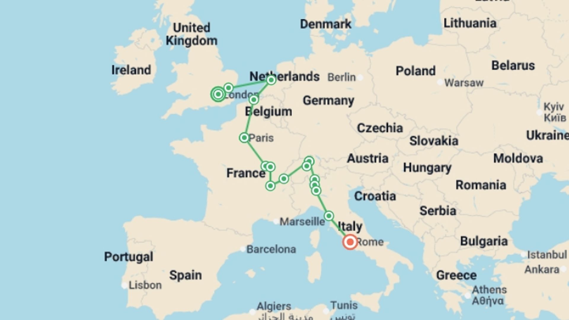 A map showing the tour itinerary for the trip: Trekking Through the Continent with Rome, starting in London, England and ending in Rome, Italy going through 6 other destinations.