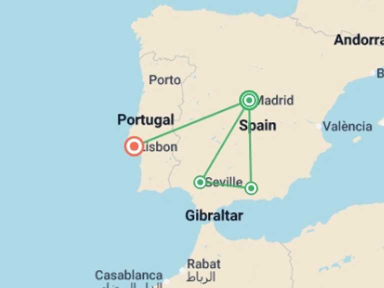 Map of Europe Tour with 4 destination visits for the trip: Essential Spain and Lisbon