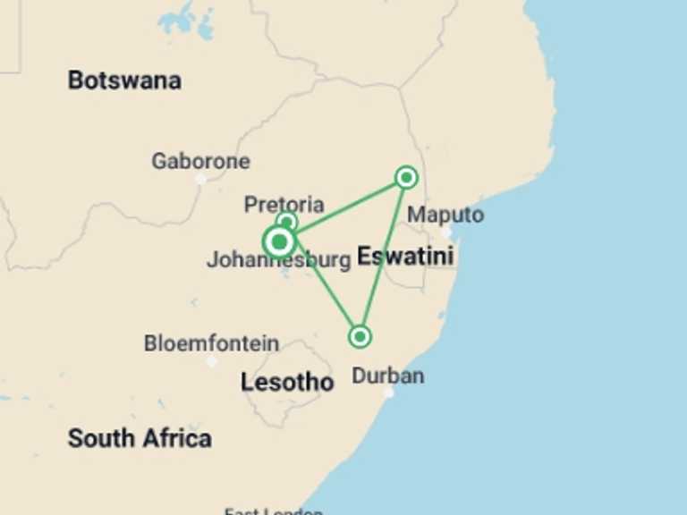 Map of Pretoria Wildlife safaris and game drives Tour with 4 destination visits for the trip: Safari in South Africa - 8 days