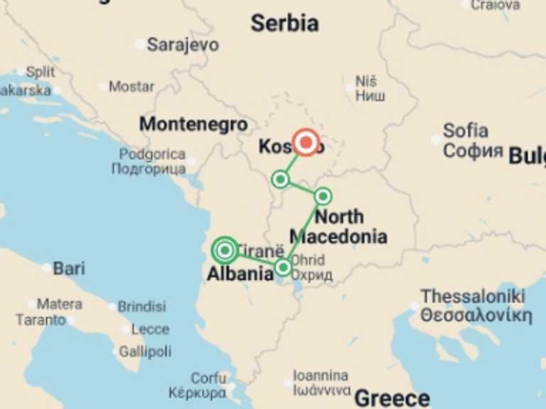 Map of Mediterranean Tour with 5 destination visits for the trip: Kosovo & Macedonia Adventure: Tirana to Pristina