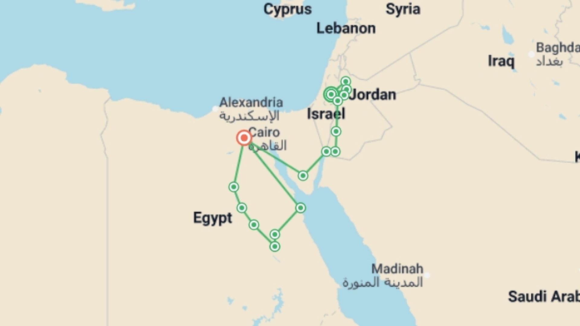 A map showing the tour itinerary for the trip: Jerusalem, Jordan, Secrets of the Nile and Hurghada, starting in Jerusalem, Israel and ending in Cairo, Egypt going through 9 other destinations.