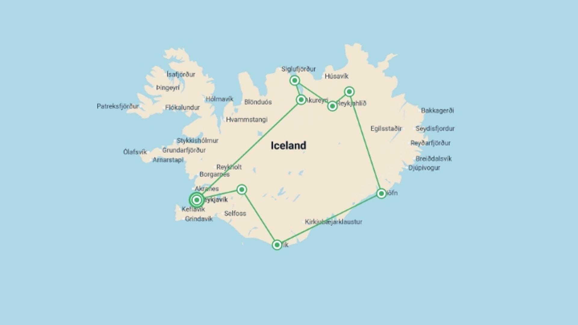 A map showing the tour itinerary for the trip: Iceland Winter Adventure, starting in Reykjavik, Iceland and ending in Reykjavik, Iceland going through 7 other destinations.