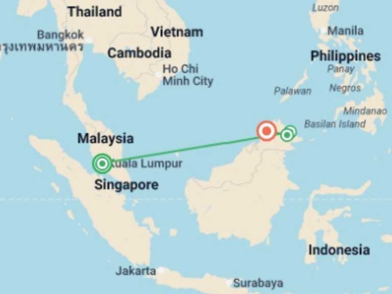 Map of 11-Day South East Asia Tour with 4 destination visits for the trip: Kuala Lumpur & Borneo Explorer - 11 days