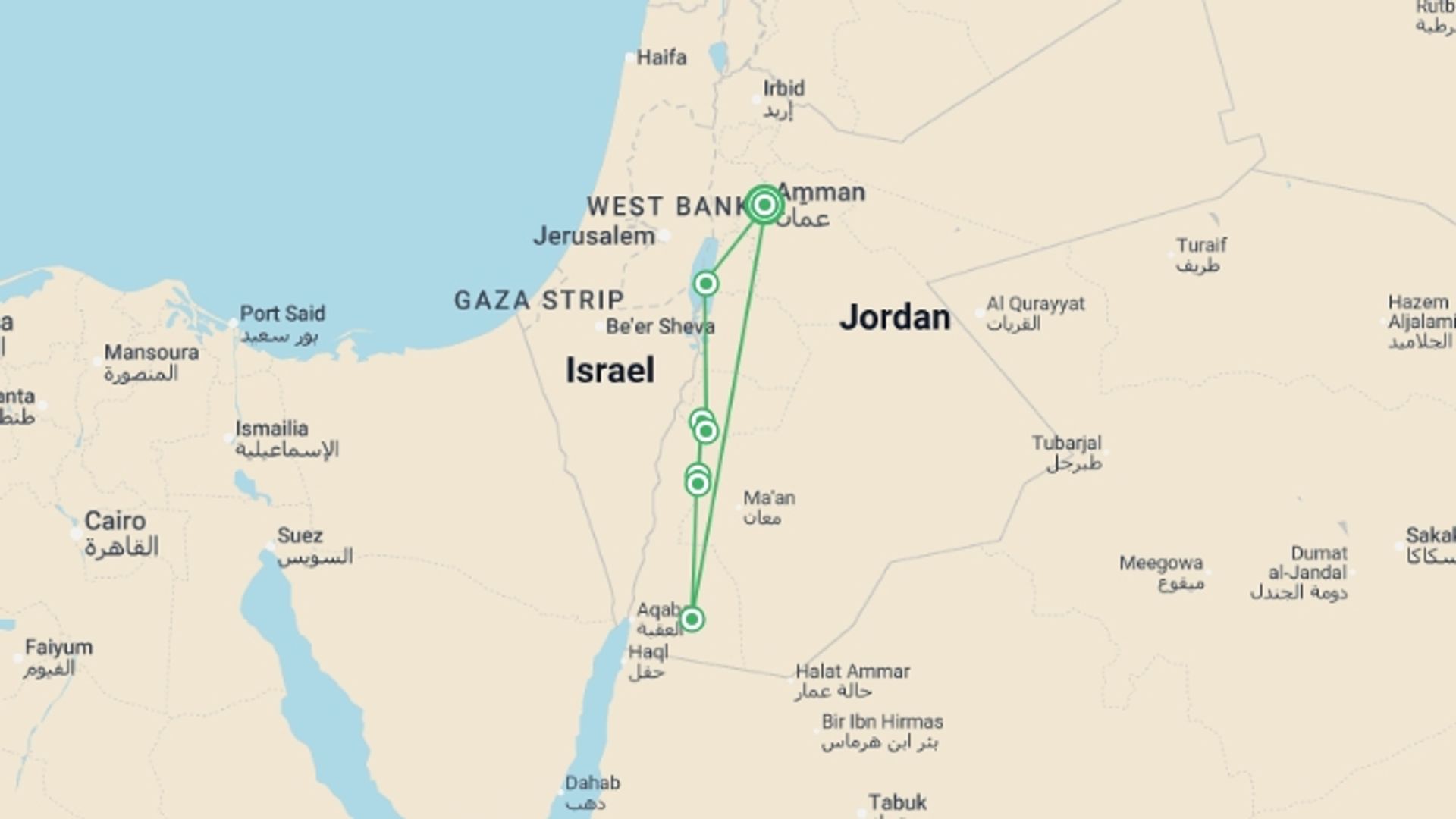 A map showing the tour itinerary for the trip: Premium Walking and Hiking Jordan (Petra, Wadi Rum & the Dead Sea), starting in Amman, Jordan and ending in Amman, Jordan going through 4 other destinations.