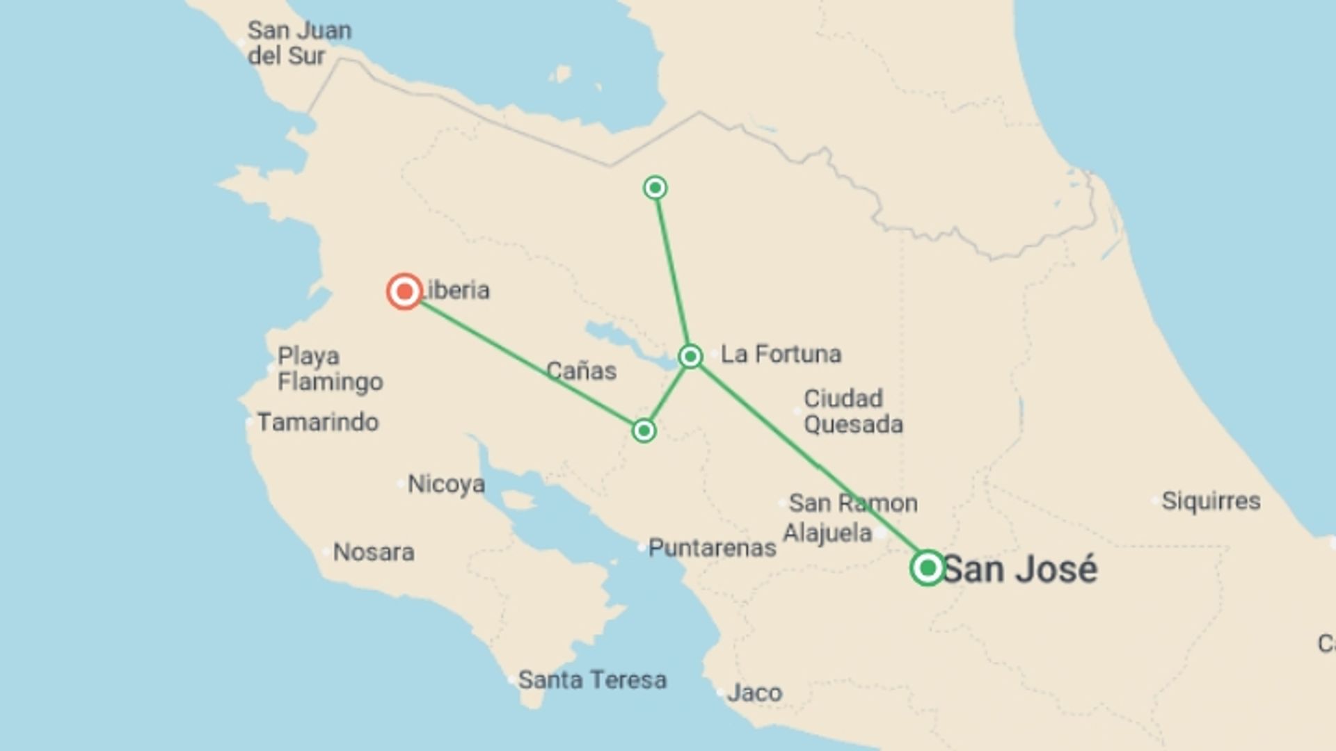 A map showing the tour itinerary for the trip: Tropical Costa Rica , starting in San Jose, Costa Rica and ending in Guanacaste, Costa Rica going through 3 other destinations.