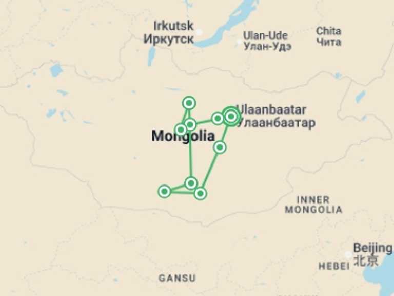 Map of 14-Day East Asia Tour with 9 destination visits for the trip: Mongolia Explorer
