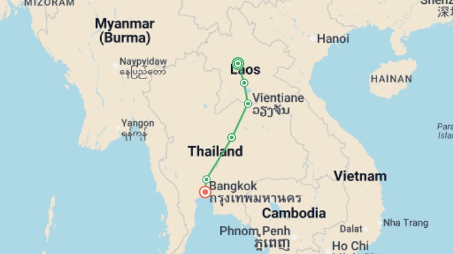 A map showing the tour itinerary for the trip: North Laos & Thailand Explorer - 13 days, starting in Luang Prabang, Laos and ending in Bangkok, Thailand going through 4 other destinations.