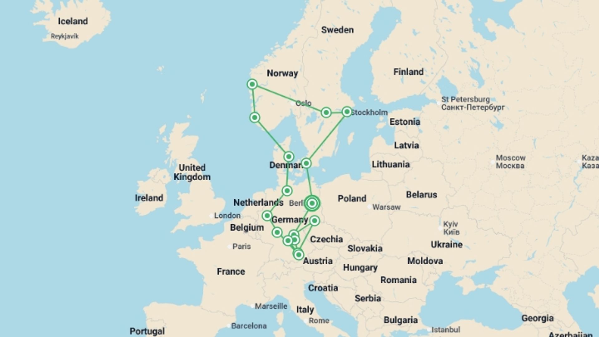 A map showing the tour itinerary for the trip: Northern Ring, starting in Berlin, Germany and ending in Berlin, Germany going through 12 other destinations.
