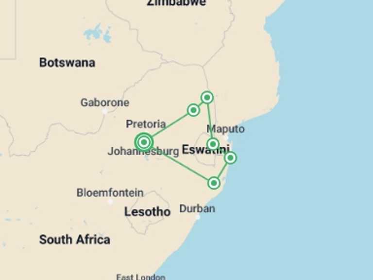 Map itinerary of Johannesburg Tour in Spring with 7 destination visits for the trip: South Africa Family Safari with Teenagers