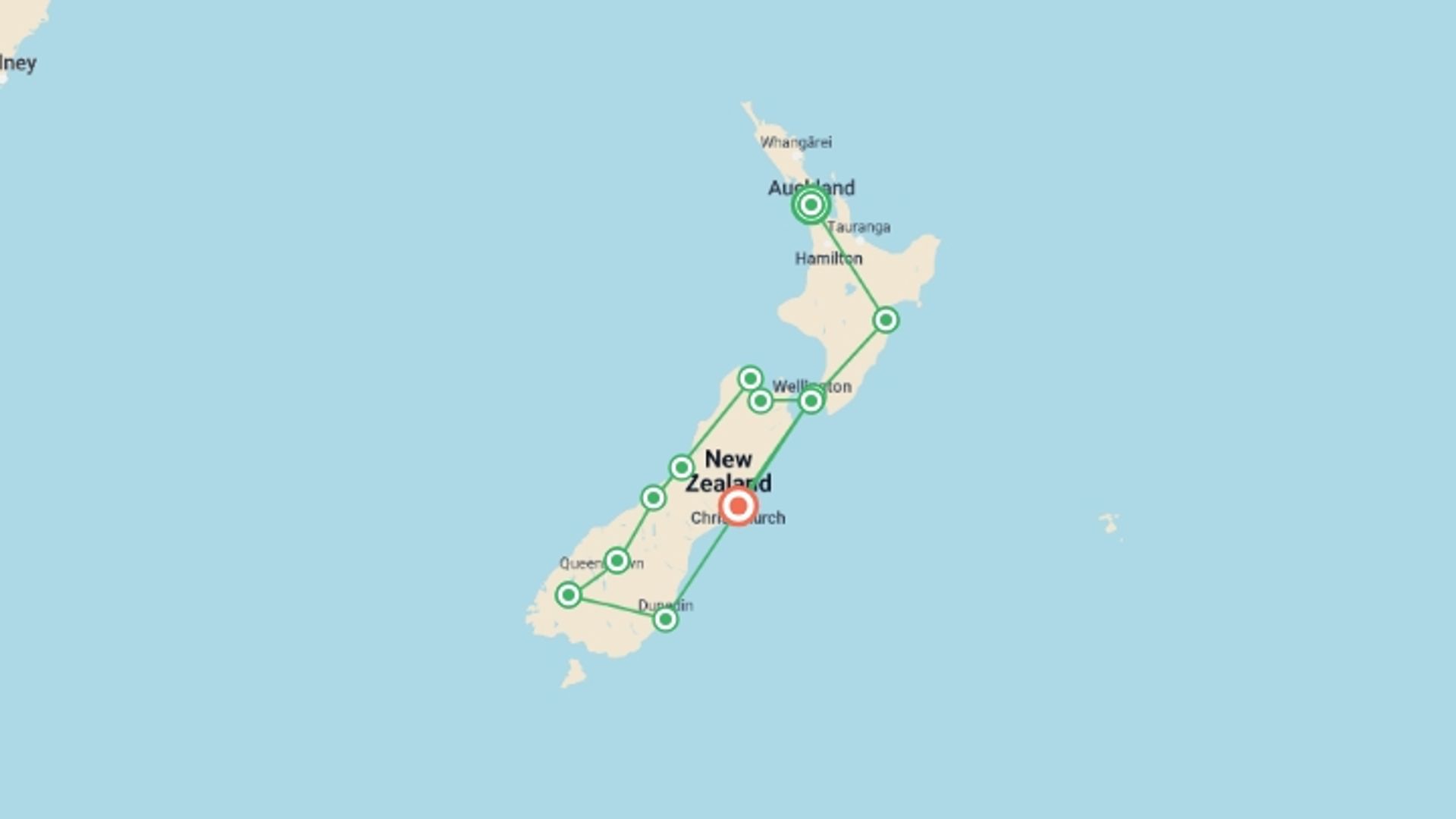 A map showing the tour itinerary for the trip: New Zealand Explorer, starting in Auckland, New Zealand and ending in Christchurch, New Zealand going through 10 other destinations.
