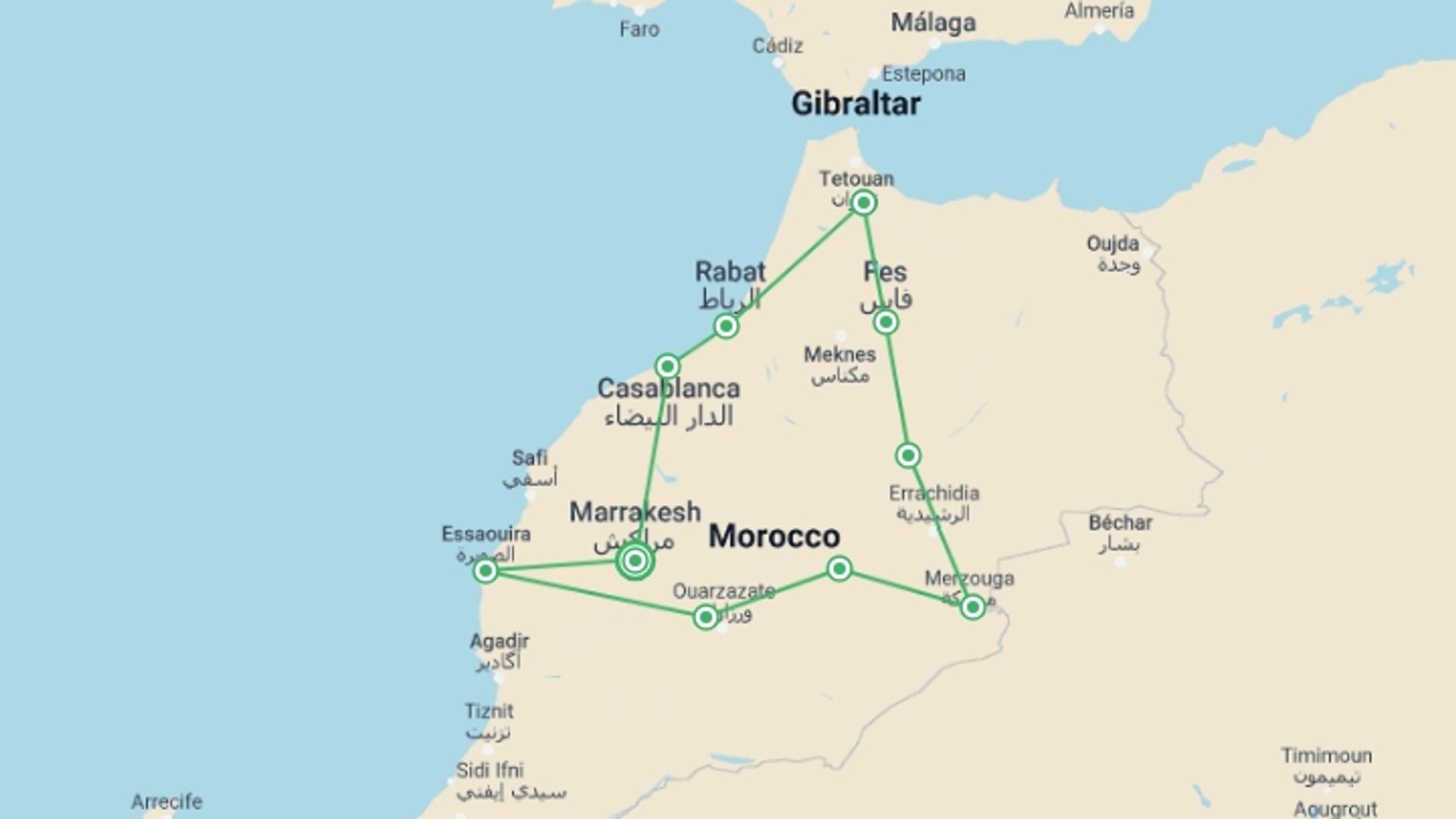 A map showing the tour itinerary for the trip: Camels, Souks & Kasbahs - 15 Days, starting in Marrakech, Morocco and ending in Marrakech, Morocco going through 8 other destinations.