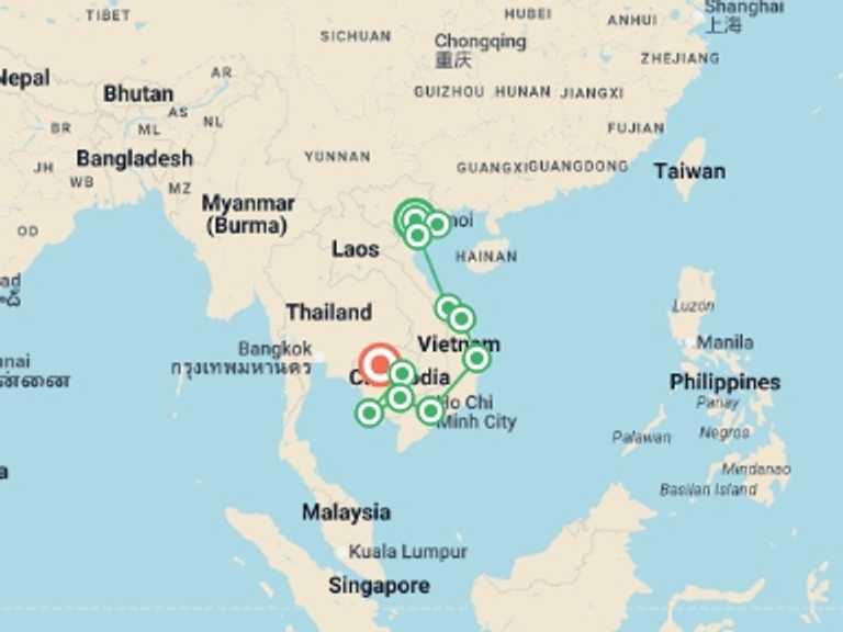 Map itinerary of Asia Tour in August 2026 with 11 destination visits for the trip: Real Vietnam to Cambodia