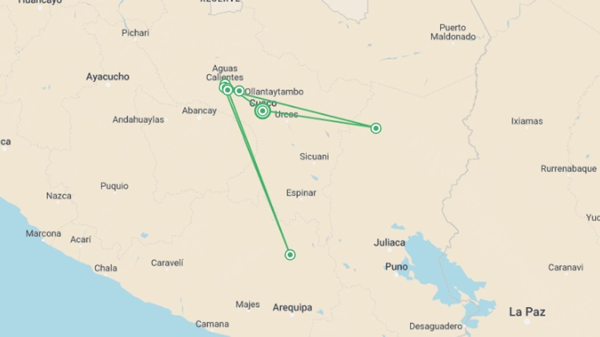 A map showing the tour itinerary for the trip: Classic Inca Trail to Machu Picchu , starting in Cusco, Peru and ending in Cusco, Peru going through 4 other destinations.