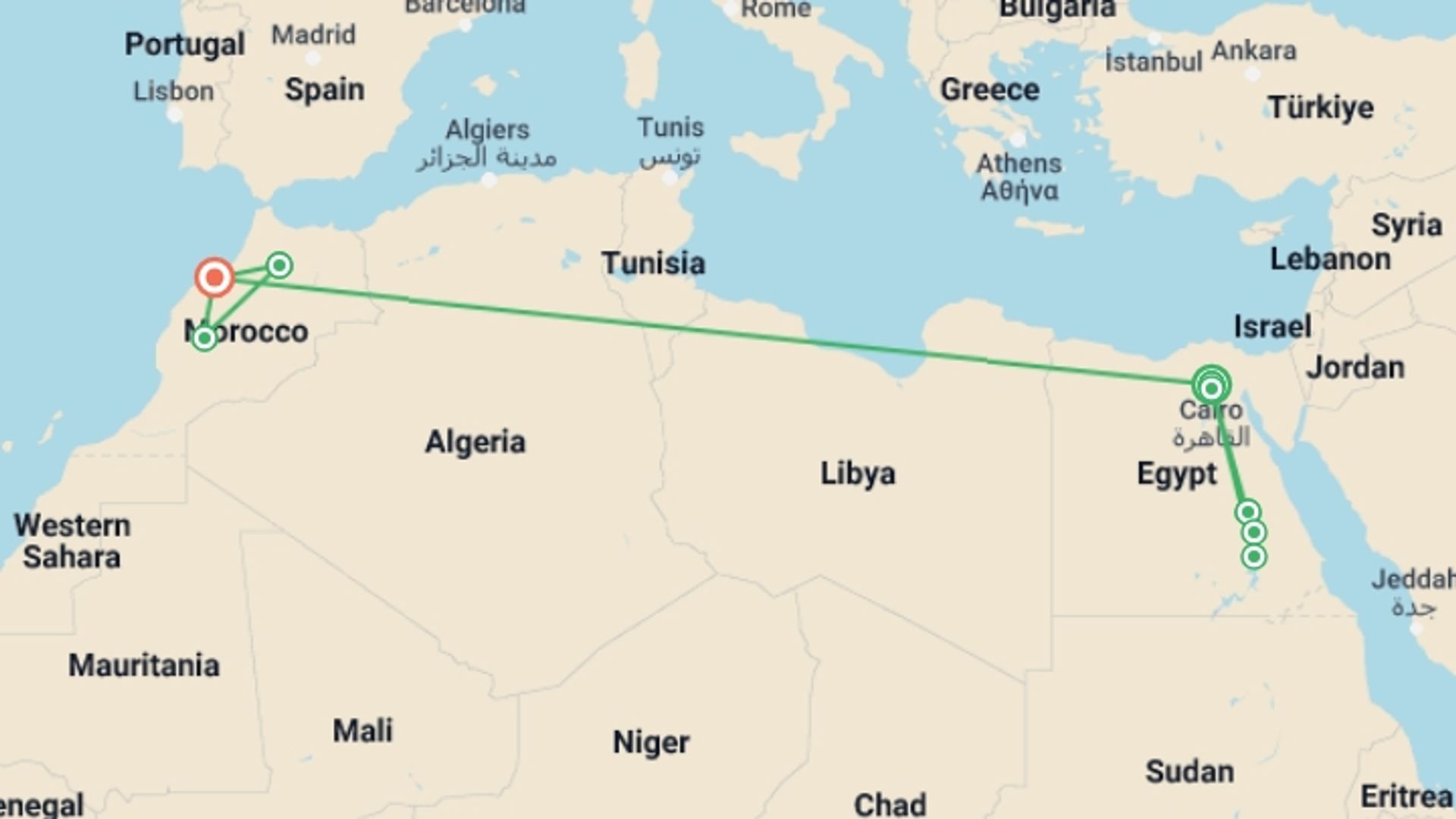 A map showing the tour itinerary for the trip: Discover the Best of Egypt and Morocco, starting in Cairo, Egypt and ending in Casablanca, Morocco going through 5 other destinations.