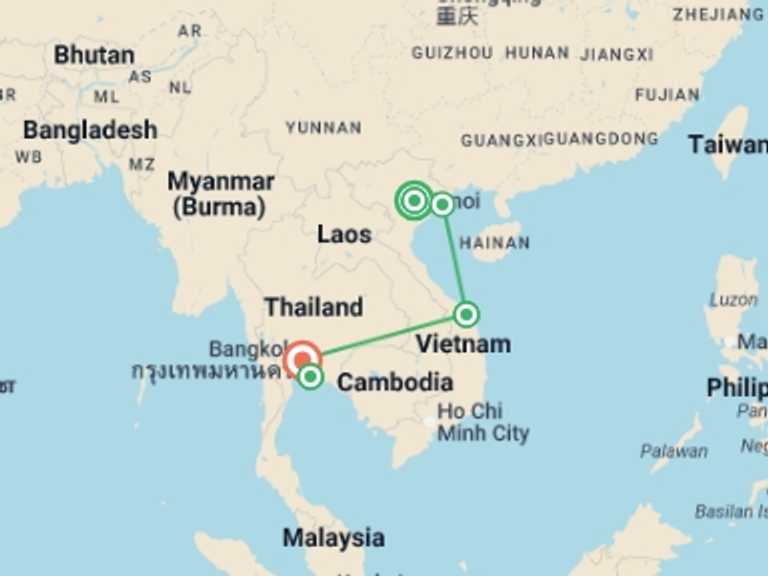 Map itinerary of Asia Tour in September 2026 with 5 destination visits for the trip: North Vietnam, Bangkok & Pattaya (5 Star) - 14 days