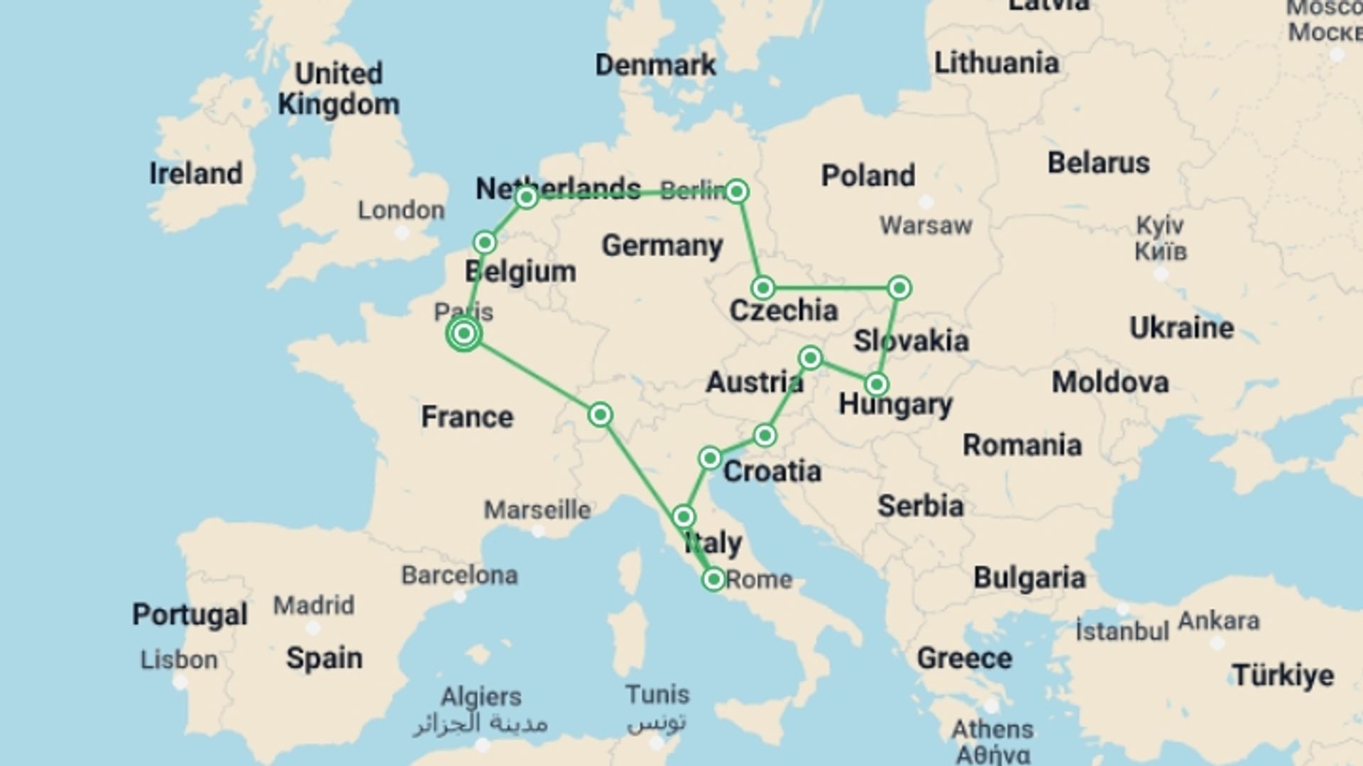 A map showing the tour itinerary for the trip: European Trail: Capitals & Cafés, starting in Paris, France and ending in Paris, France going through 12 other destinations.