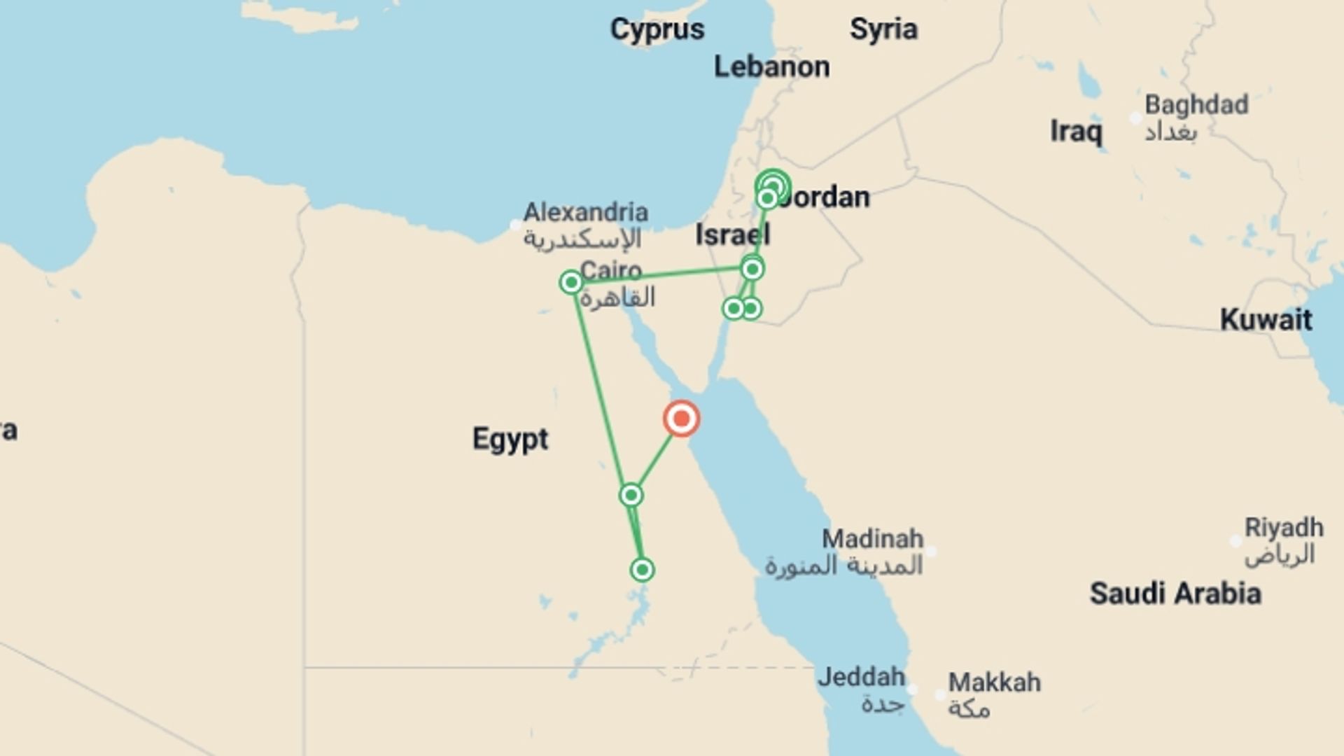 A map showing the tour itinerary for the trip: Egypt and Jordan Family Holiday, starting in Amman, Jordan and ending in Hurghada, Egypt going through 8 other destinations.