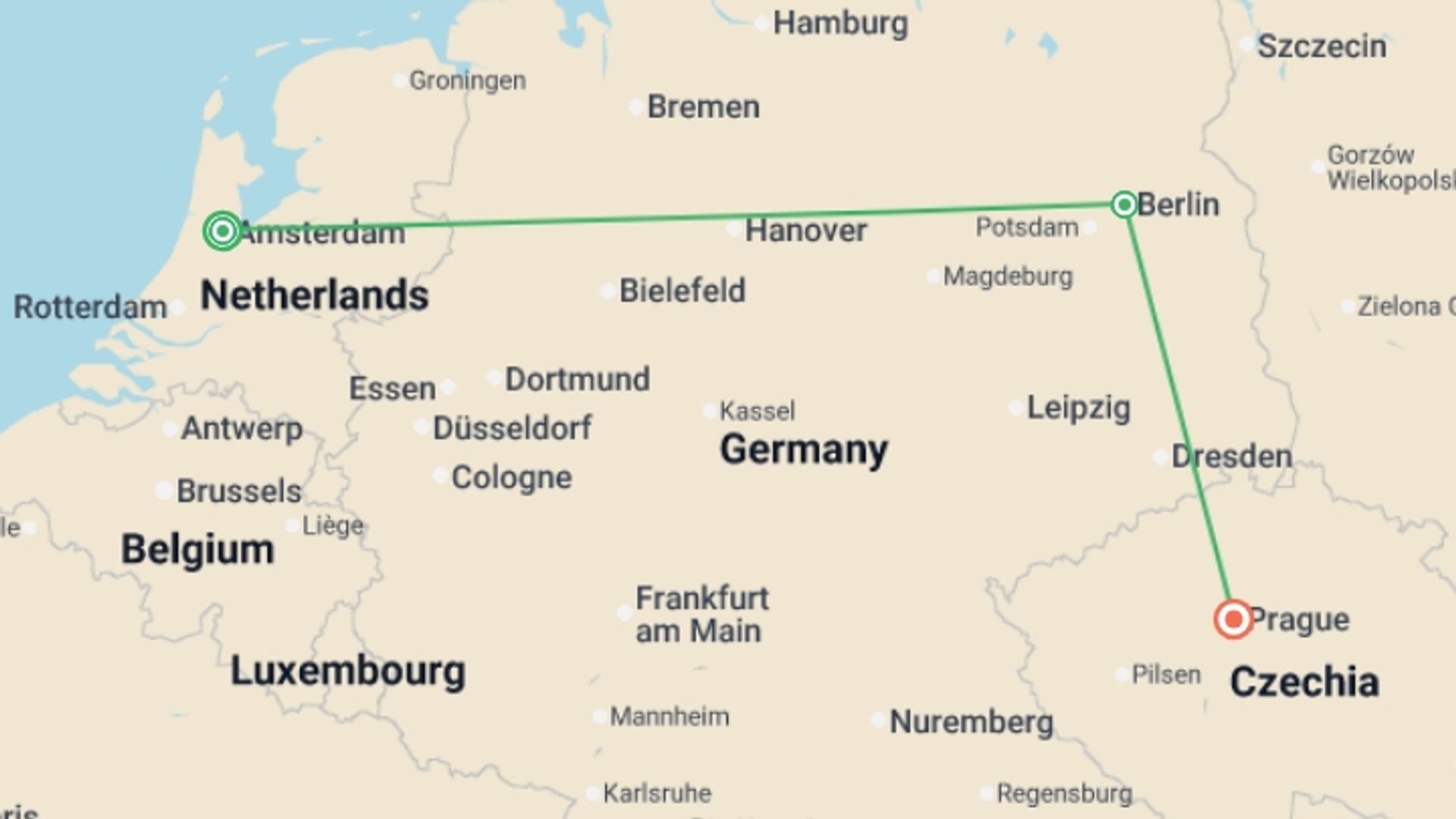 A map showing the tour itinerary for the trip: Amsterdam Berlin And Prague City Package, starting in Amsterdam, Holland and ending in Prague, Czech Republic going through 1 other destinations.