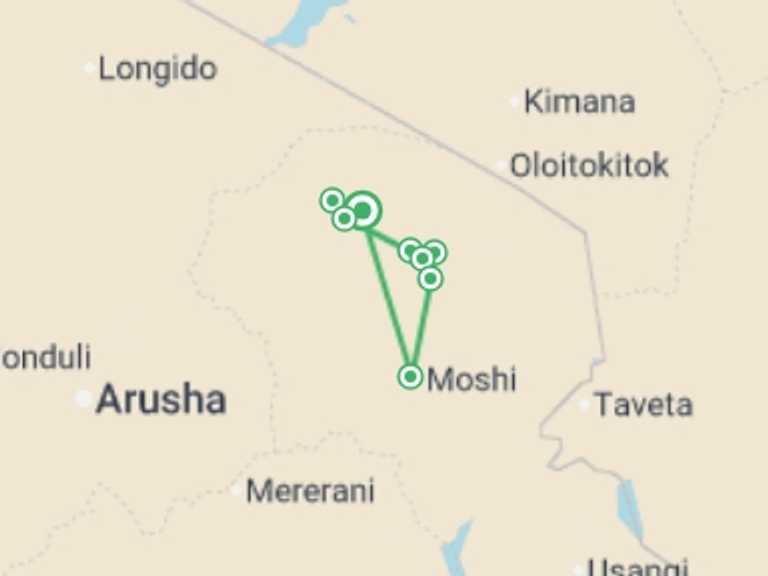 Map itinerary of Africa Tour in December 2026 with 10 destination visits for the trip: 7-Day Kilimanjaro Climbing via Lemosho Route