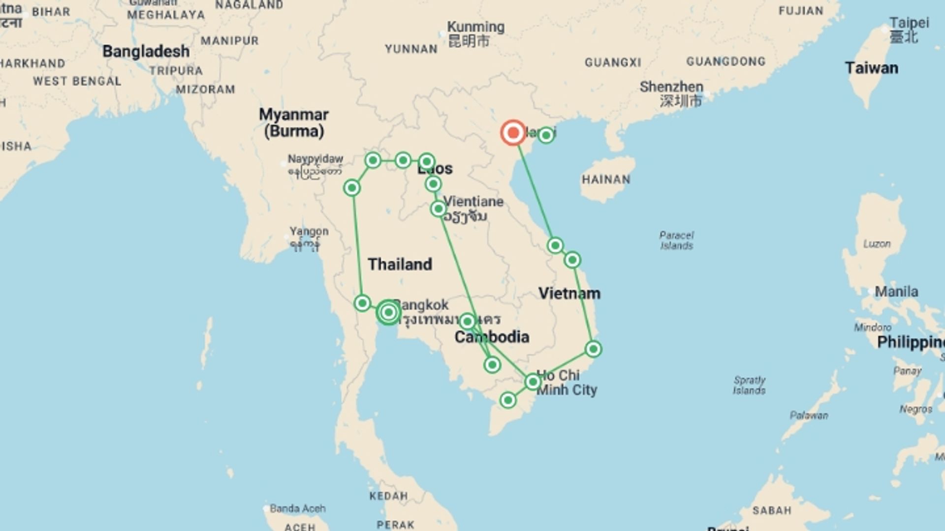 A map showing the tour itinerary for the trip: Ultimate South East Asia, starting in Bangkok, Thailand and ending in Hanoi, Vietnam going through 15 other destinations.
