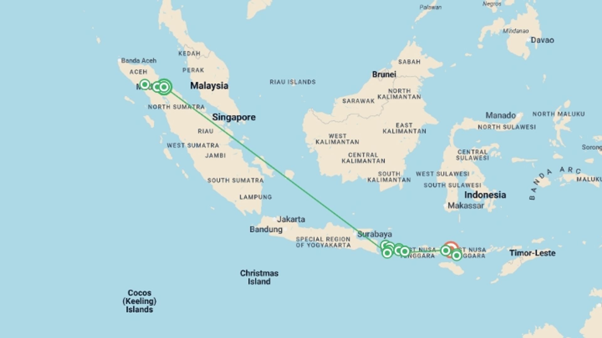A map showing the tour itinerary for the trip: Epic Archipelago Adventure: Sumatra to Flores in 30 Days, starting in Medan, Indonesia and ending in Labuan Bajo, Indonesia going through 13 other destinations.