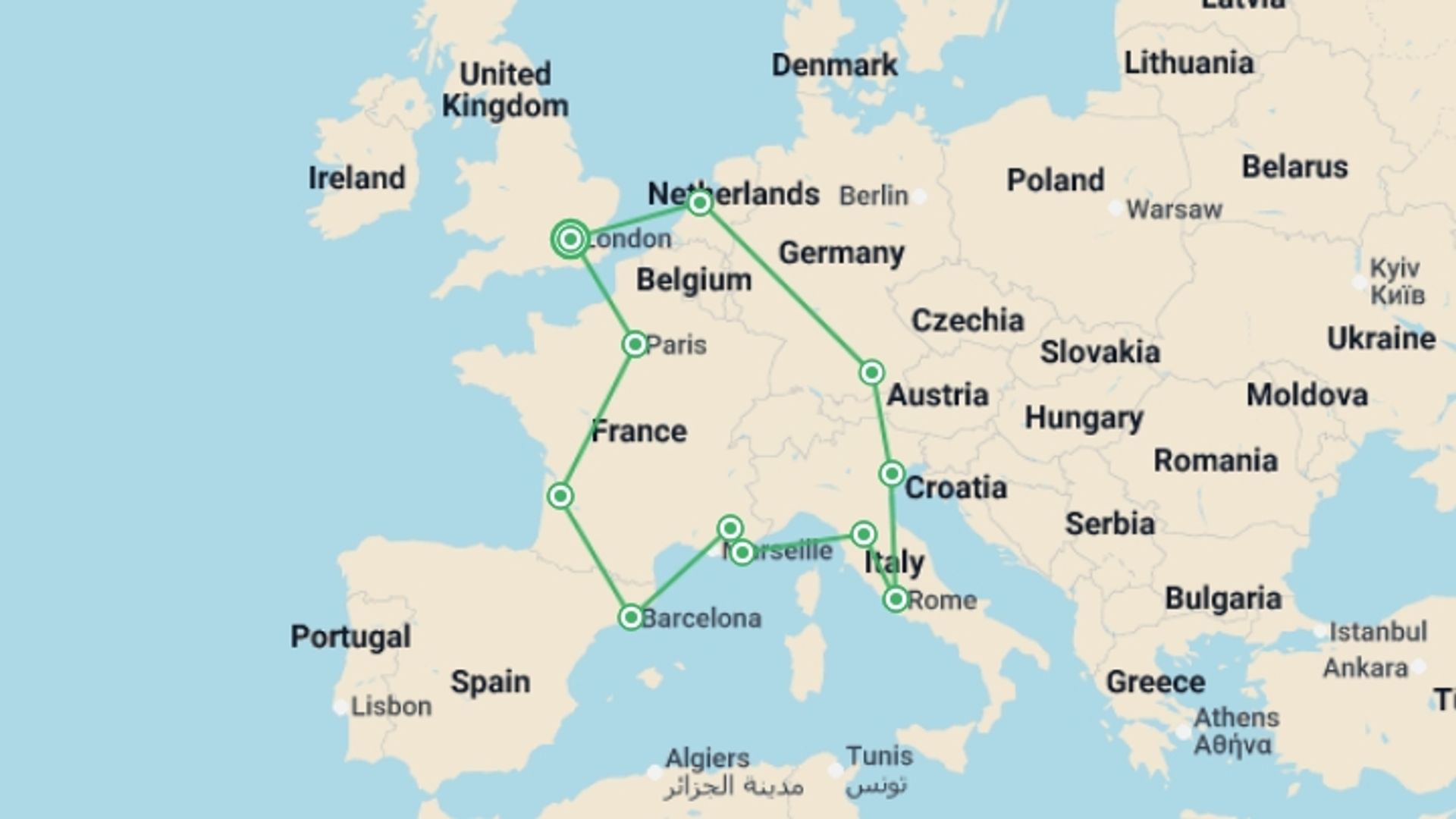 A map showing the tour itinerary for the trip: Central & Western Europe: City Meets Coast, starting in London, England and ending in London, England going through 10 other destinations.