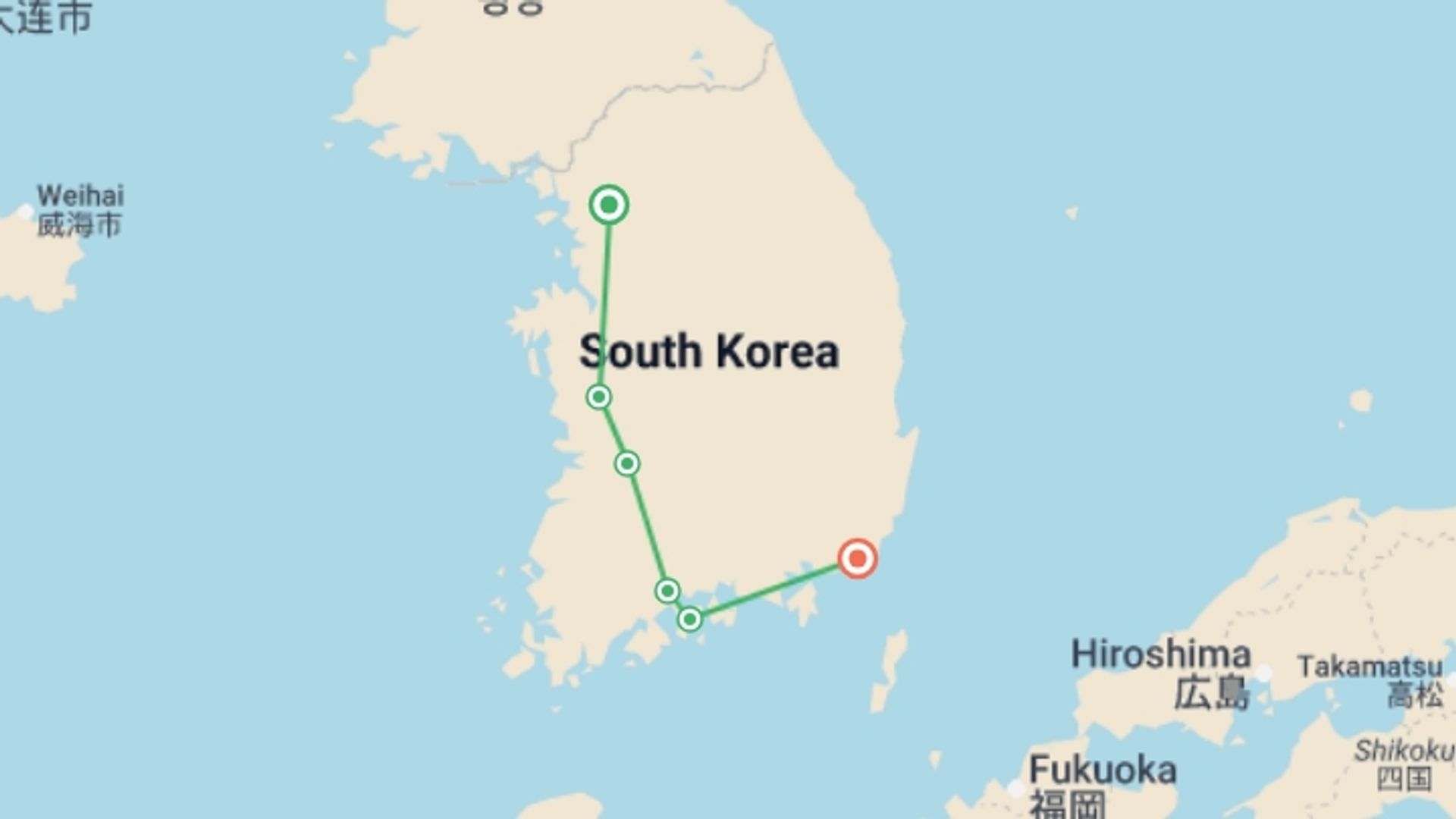 A map showing the tour itinerary for the trip: Seoul to Busan Express - 3 days, starting in Seoul, South Korea and ending in Busan, South Korea going through 2 other destinations.