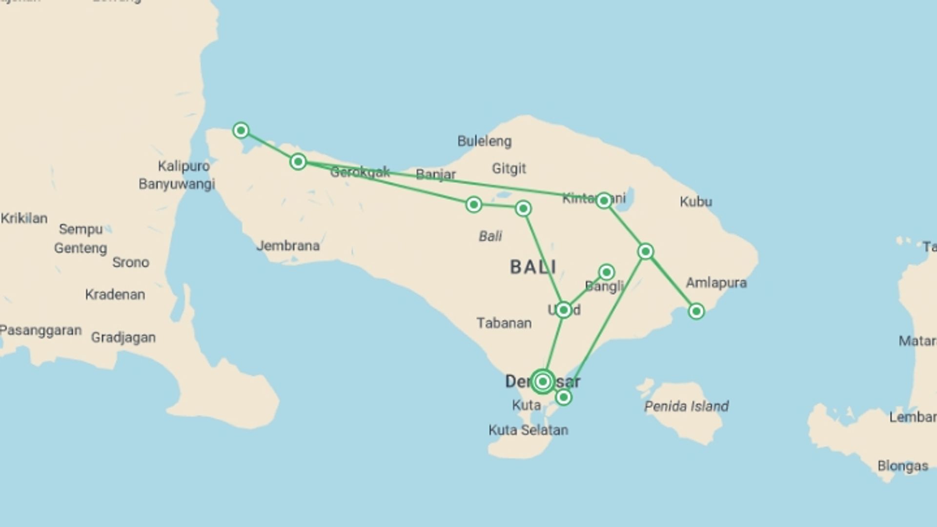A map showing the tour itinerary for the trip: Bali Soft Adventure, Private Tour, starting in Denpasar, Indonesia and ending in Denpasar, Indonesia going through 6 other destinations.