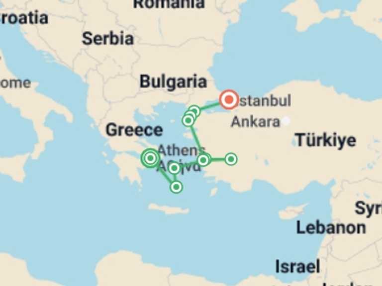 Map of Europe Volcanoes Tour with 10 destination visits for the trip: Aegean Odyssey Tour
