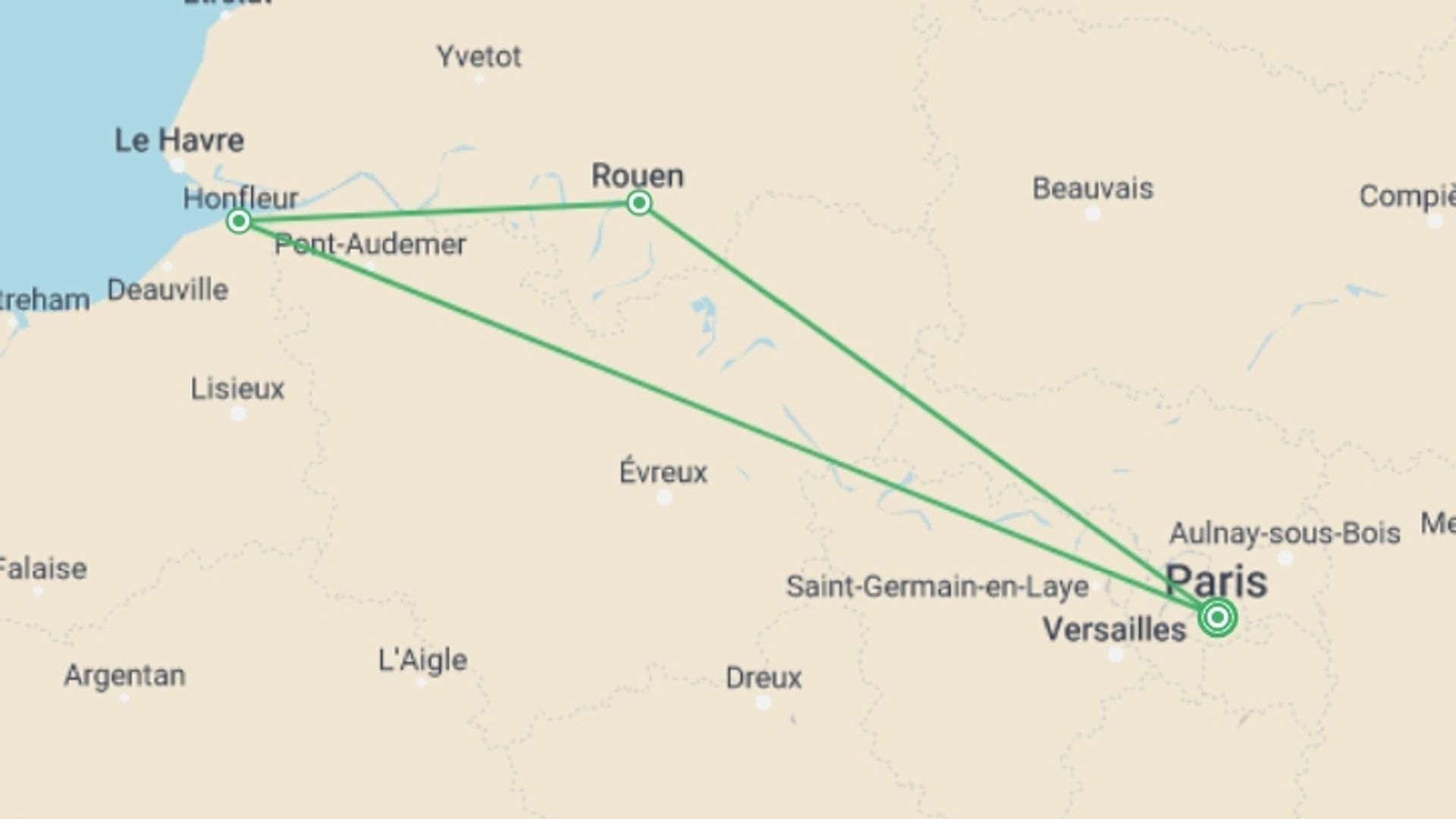 A map showing the tour itinerary for the trip: The Must-see Sights of the Seine Valley (port-to-port cruise), starting in Paris, France and ending in Paris, France going through 2 other destinations.