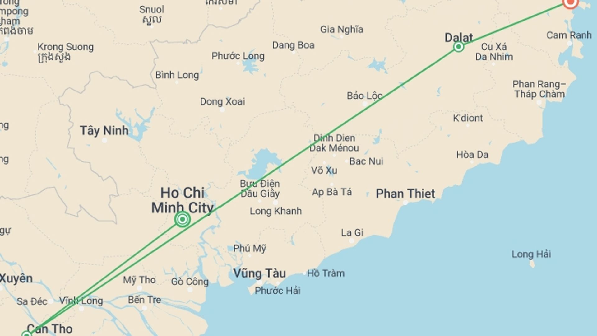 A map showing the tour itinerary for the trip: 9 Days of Sun, Sand, and Sea in Vietnam, starting in Ho Chi Minh City, Vietnam and ending in Nha Trang, Vietnam going through 3 other destinations.
