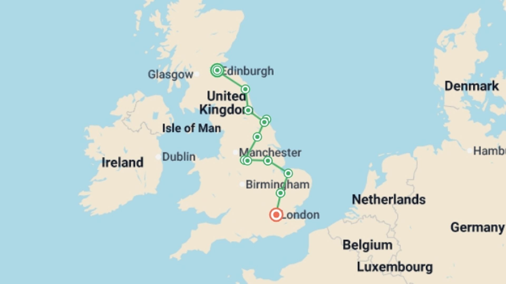 A map showing the tour itinerary for the trip: Enchanting Eastern England, starting in Edinburgh, Scotland and ending in London, England going through 4 other destinations.