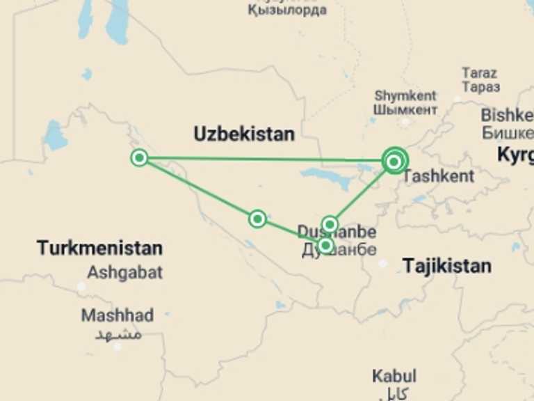 Map itinerary of Uzbekistan Tour in July 2026 with 7 destination visits for the trip: To the Heart of Tamerlane's Empire