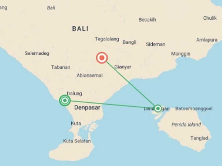 Map of Indonesia Tour with 6 destination visits for the trip: Wanderlands Bali 8 Days Tour