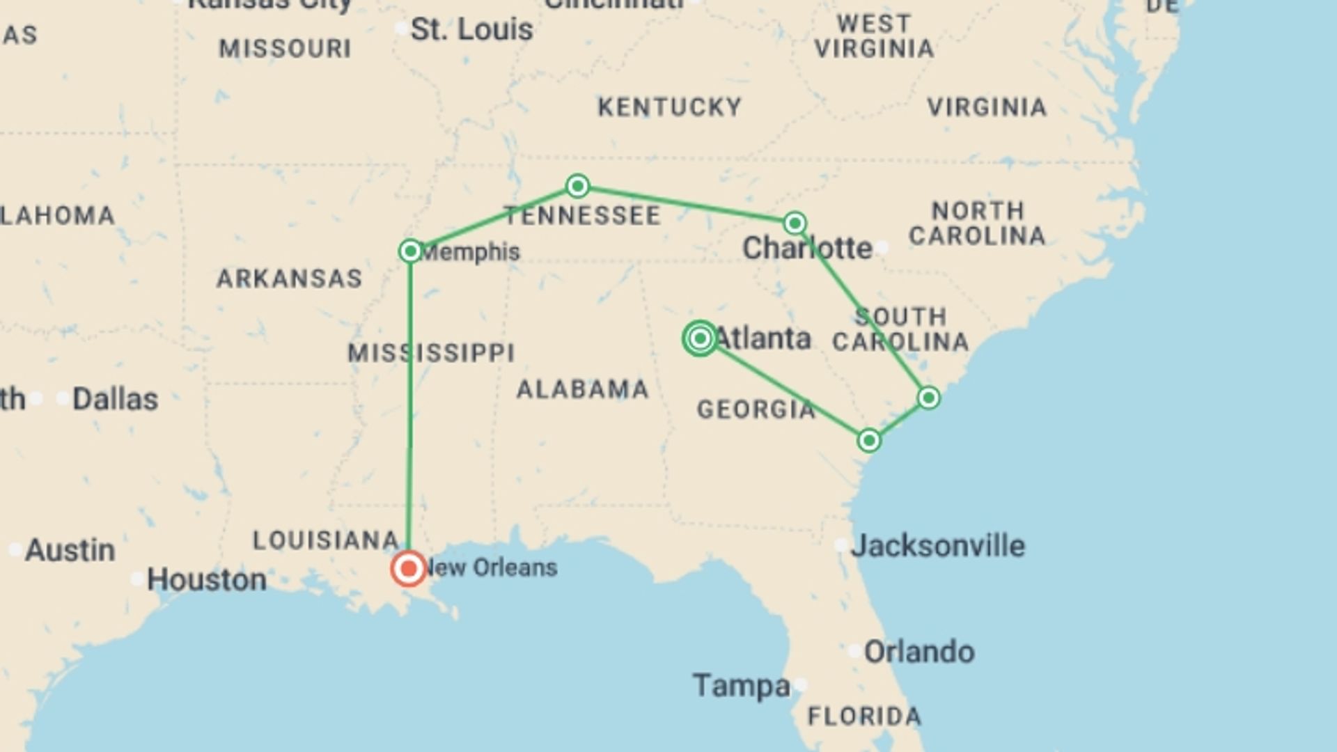 A map showing the tour itinerary for the trip: Best of the South: Atlanta to New Orleans, starting in Atlanta, USA and ending in New Orleans, USA going through 5 other destinations.
