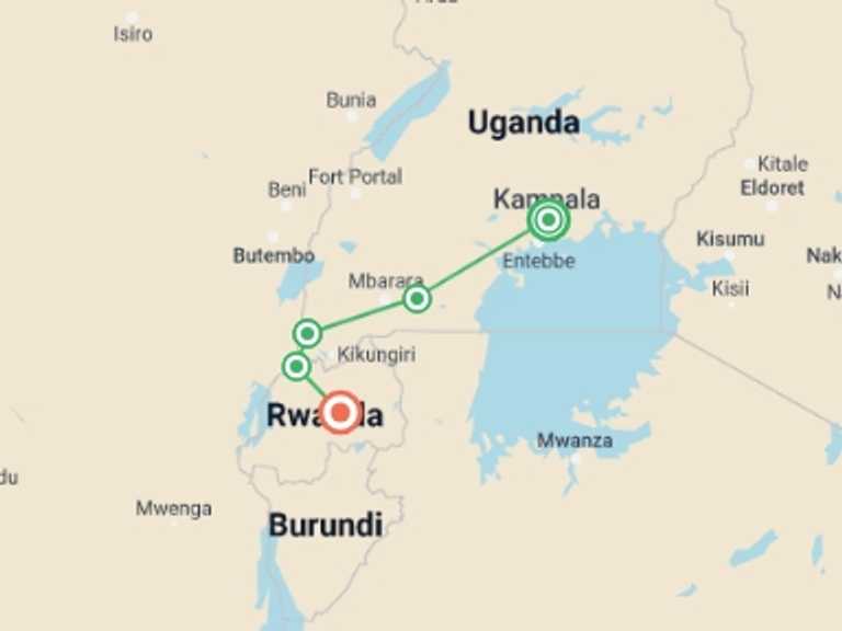Map of a Wildlife Tour with 5 destination visits for the trip: Uganda and Rwanda Gorilla Discovery