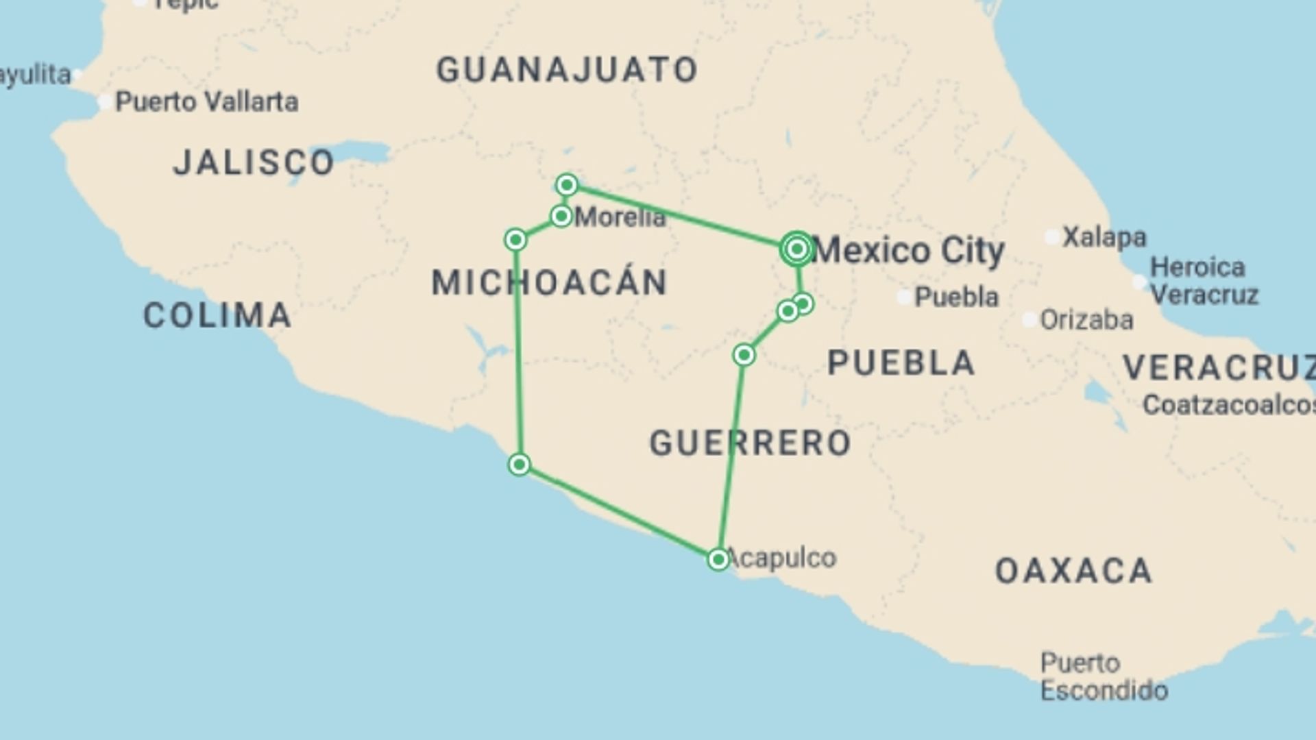 A map showing the tour itinerary for the trip: Mexico: Between Beaches and Magic Villages, starting in Mexico City, Mexico and ending in Mexico City, Mexico going through 4 other destinations.