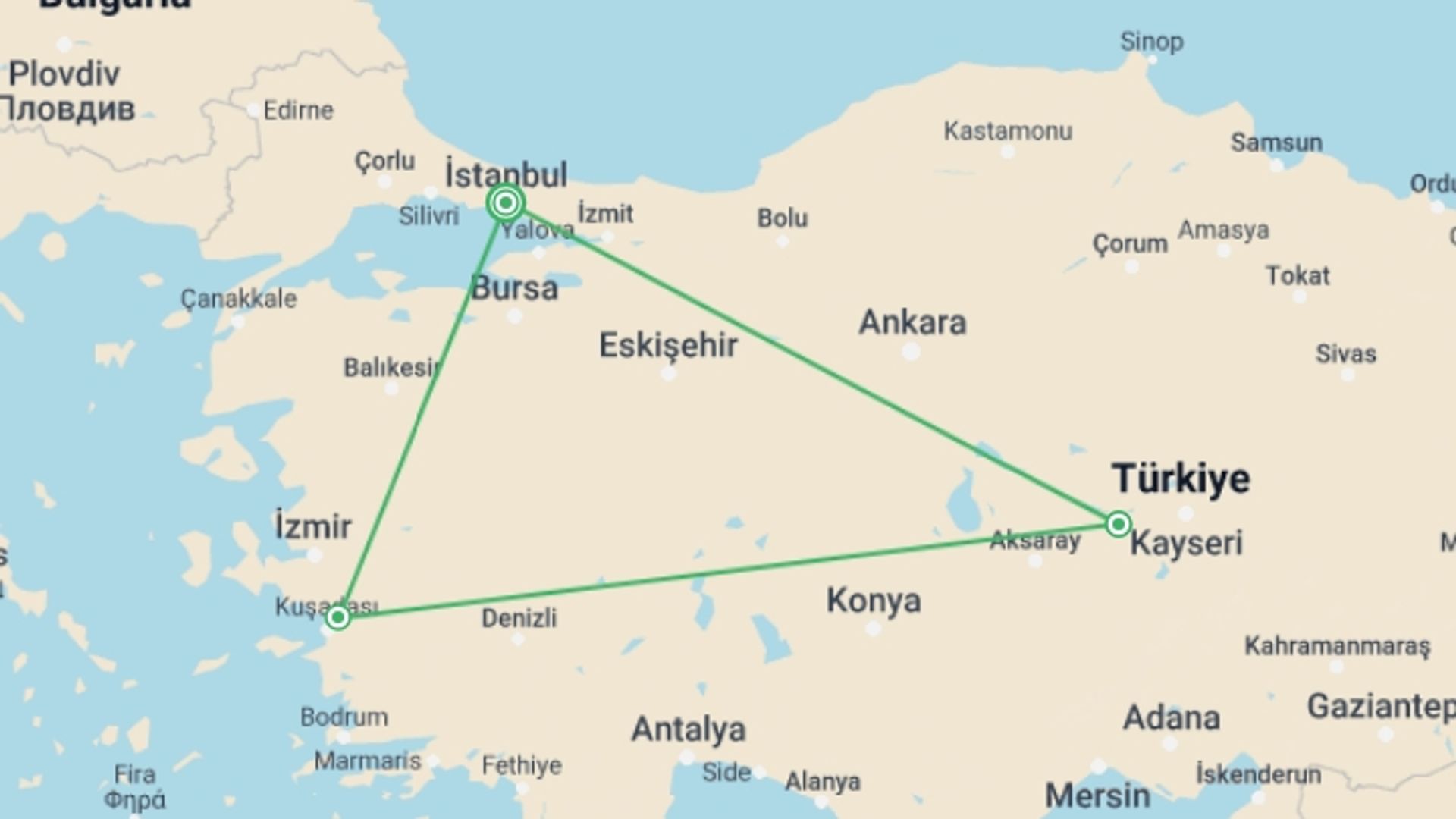 A map showing the tour itinerary for the trip: Cappadocia, Ephesus & Pamukkale Tour: 4 Days, starting in Istanbul, Turkey and ending in Istanbul, Turkey going through 3 other destinations.